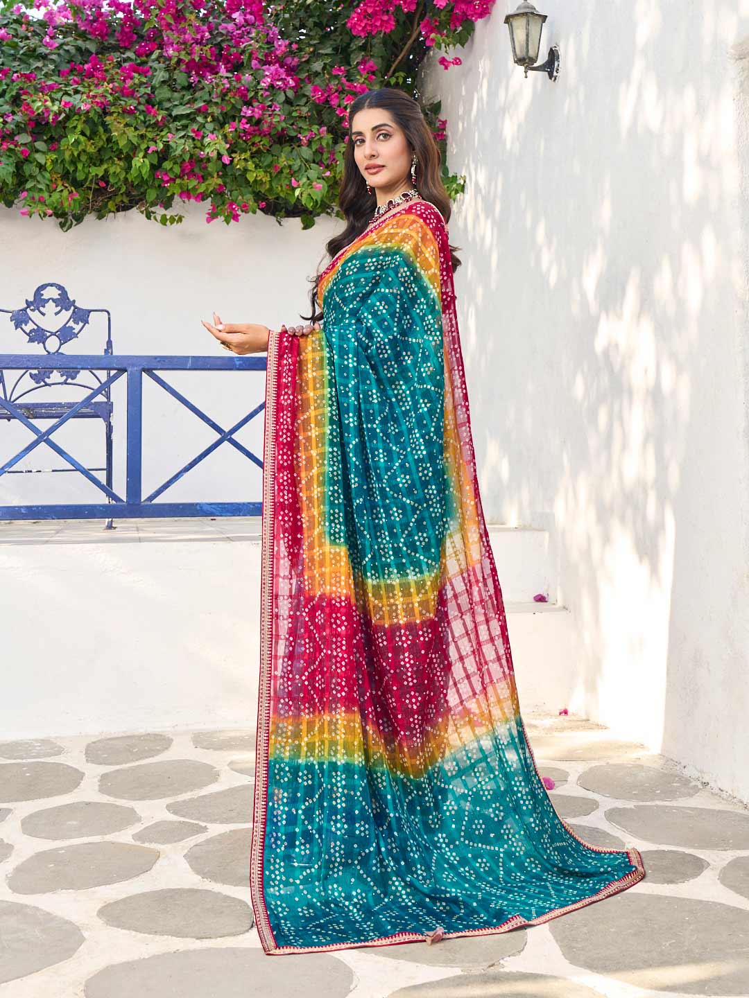 Laxmipati Rang Birangi Blue Chiffon Bandhani Printed Saree