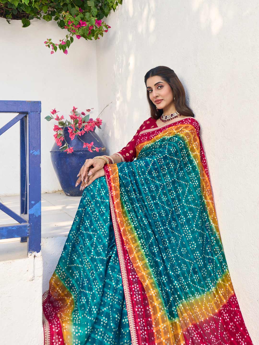 Laxmipati Rang Birangi Blue Chiffon Bandhani Printed Saree