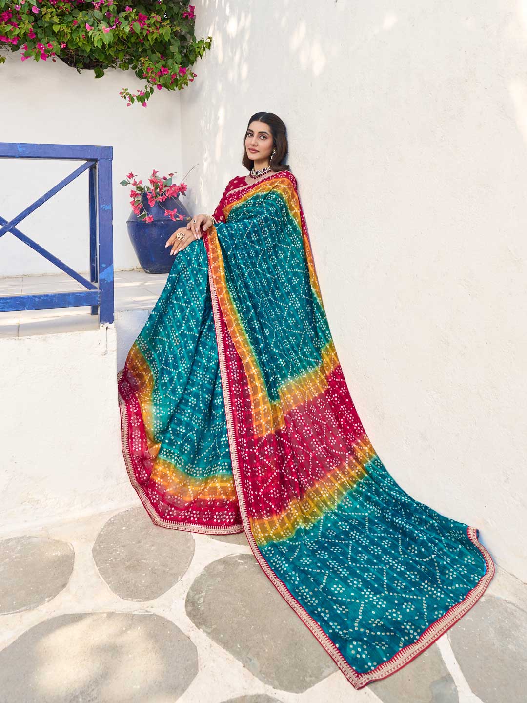 Laxmipati Rang Birangi Blue Chiffon Bandhani Printed Saree