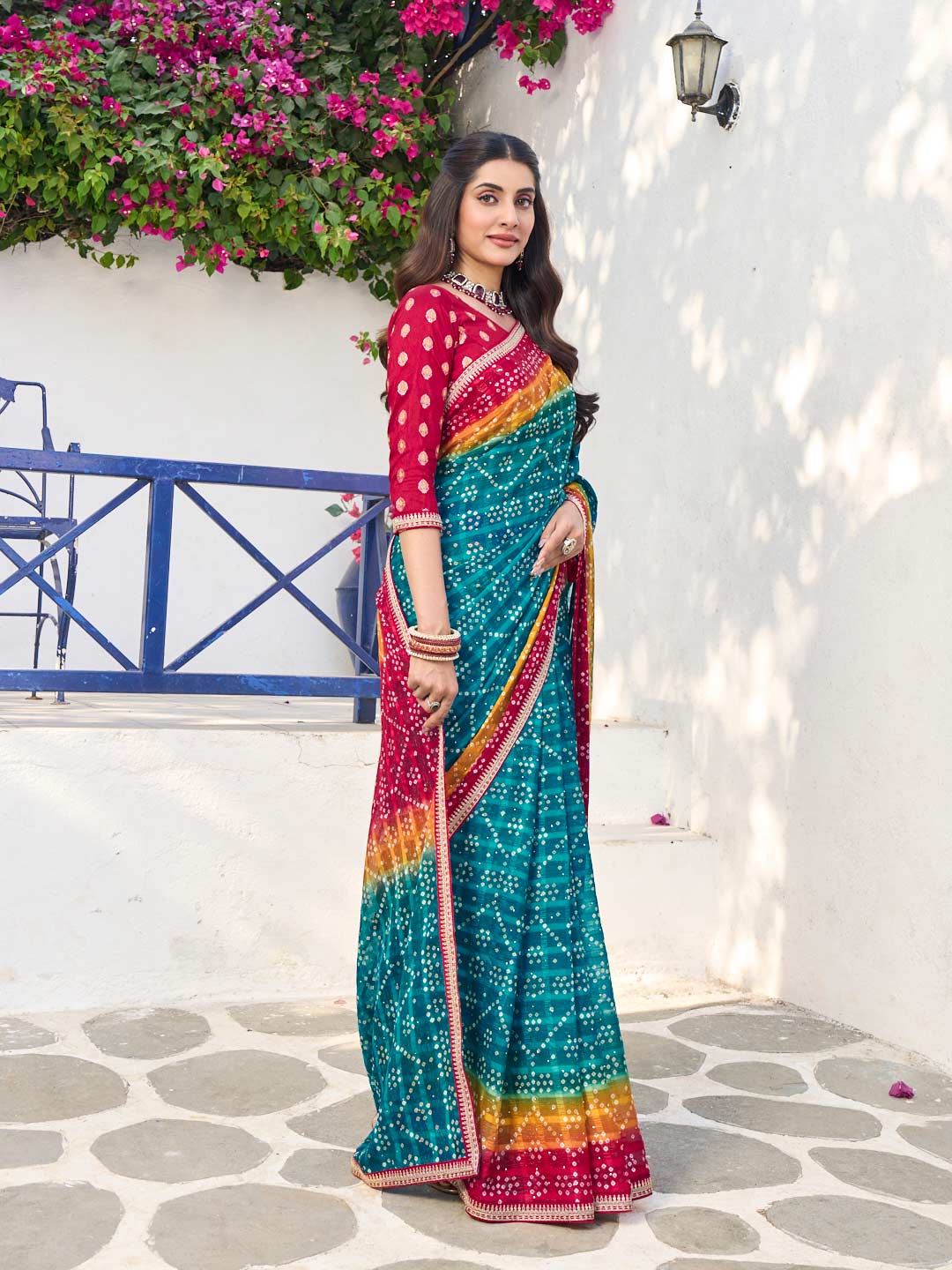 Laxmipati Rang Birangi Blue Chiffon Bandhani Printed Saree