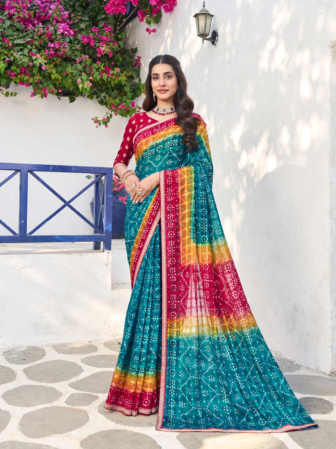 Laxmipati Rang Birangi Blue Chiffon Bandhani Printed Saree