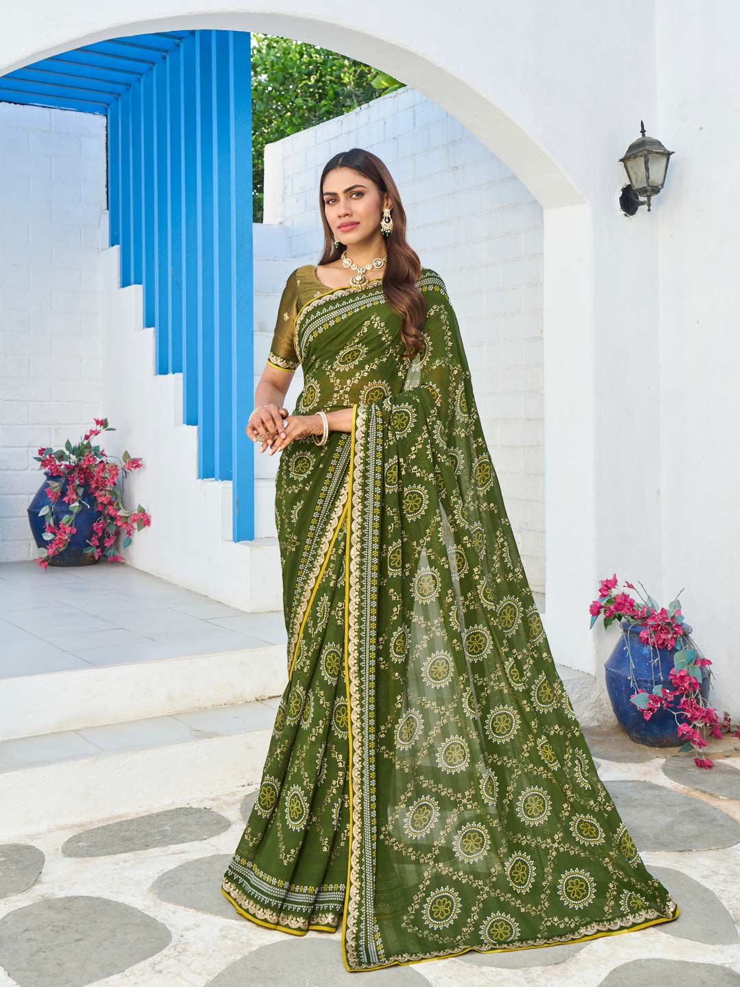 Green georgette floral printed saree