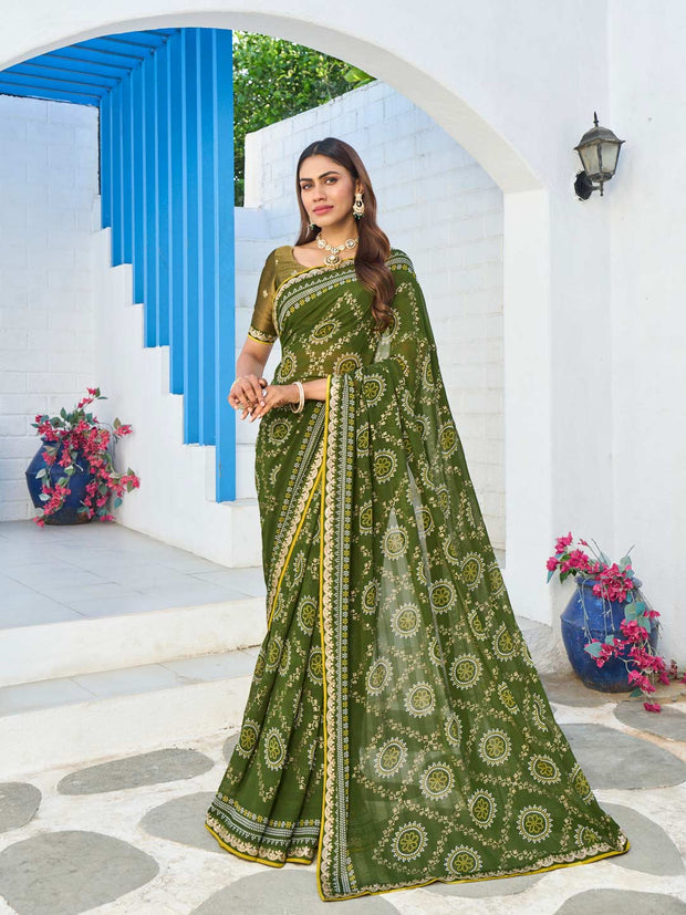 Green georgette floral printed saree