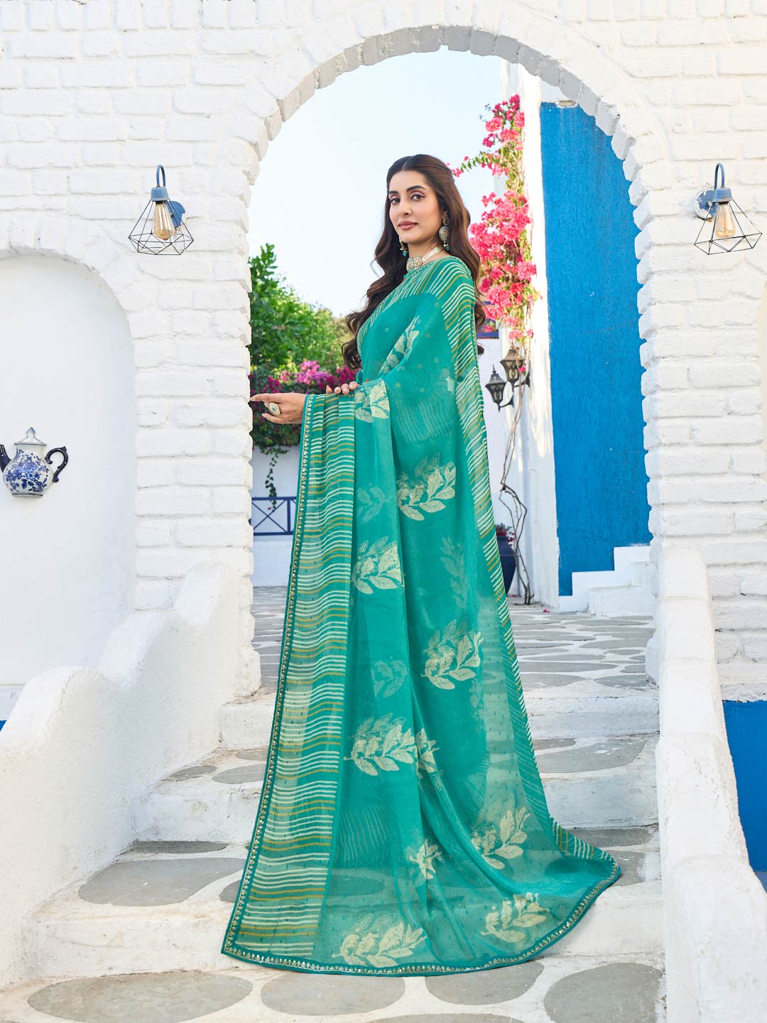 Laxmipati Rang Birangi Blue Chiffon Floral Printed Saree