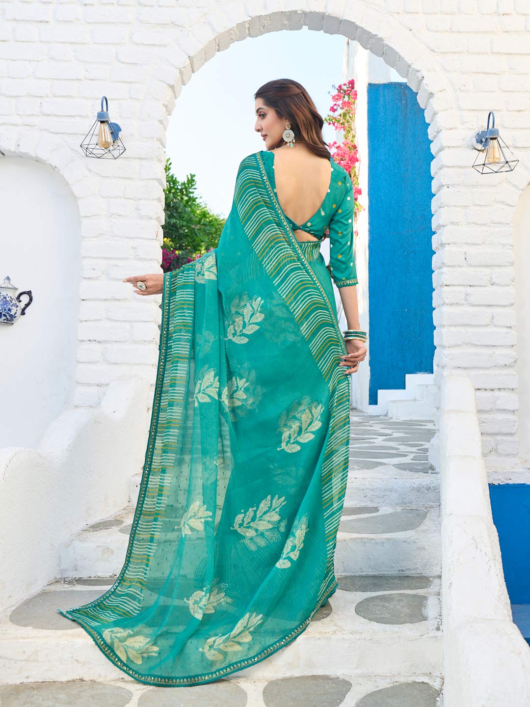 Laxmipati Rang Birangi Blue Chiffon Floral Printed Saree