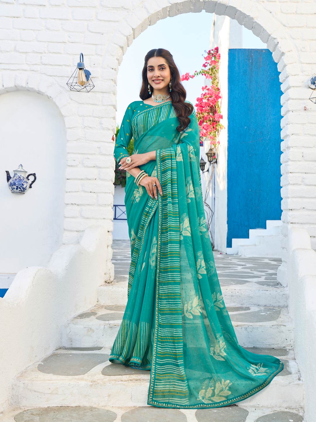blue chiffon floral printed saree 