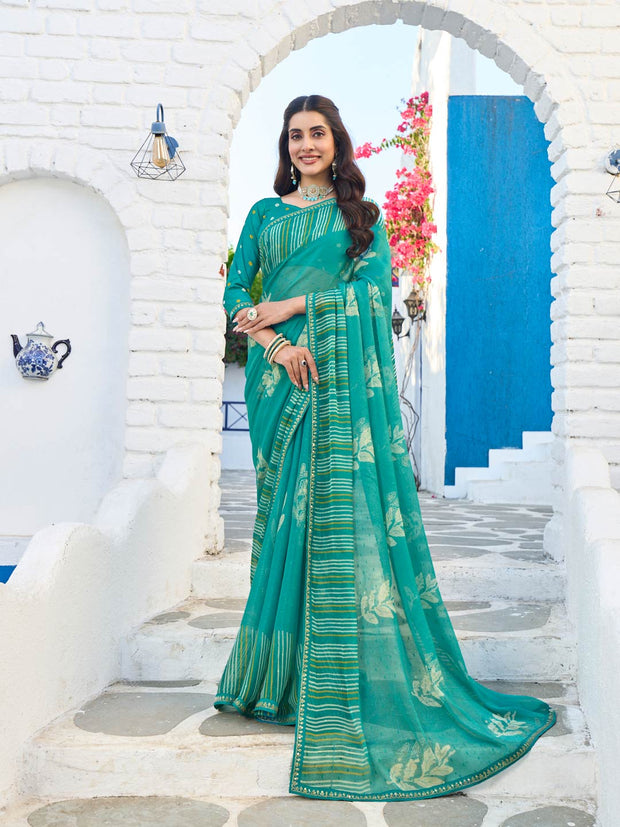 blue chiffon floral printed saree 