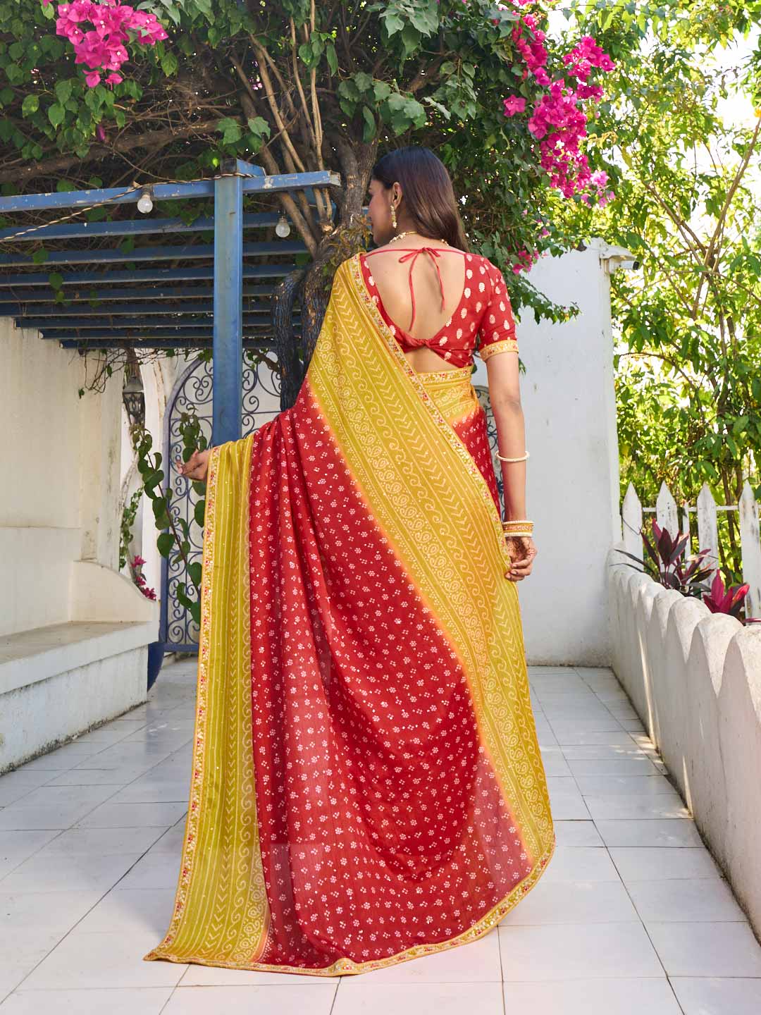 Laxmipati Rang Birangi Red Silk Blend Bandhani Printed Saree
