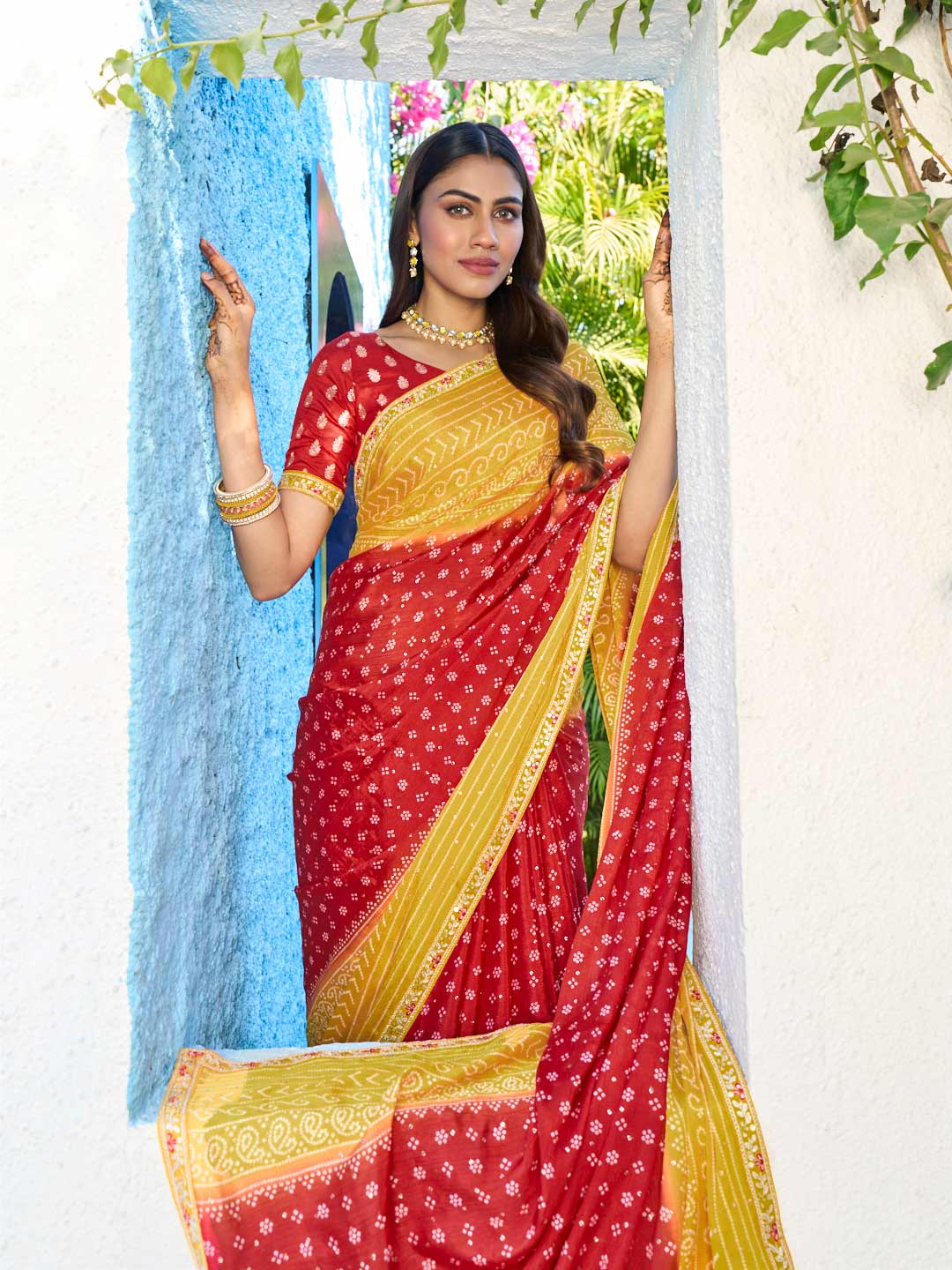 Laxmipati Rang Birangi Red Silk Blend Bandhani Printed Saree