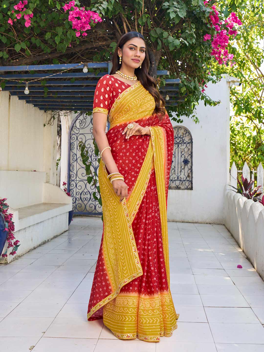 Laxmipati Rang Birangi Red Silk Blend Bandhani Printed Saree