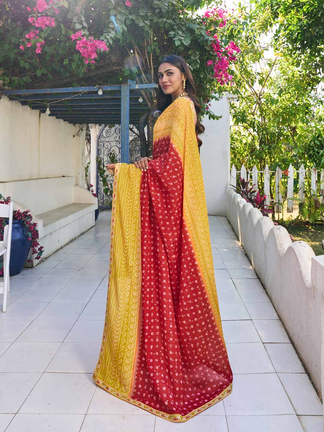 Laxmipati Rang Birangi Red Silk Blend Bandhani Printed Saree