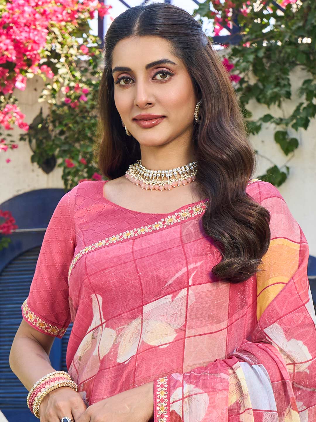 Laxmipati Rang Birangi Pink Chiffon Floral Printed Saree