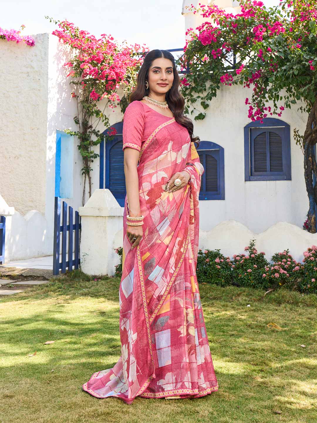 Laxmipati Rang Birangi Pink Chiffon Floral Printed Saree