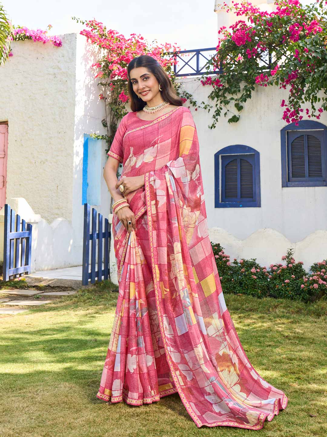 Laxmipati Rang Birangi Pink Chiffon Floral Printed Saree