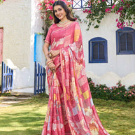 Pink chiffon floral printed saree 