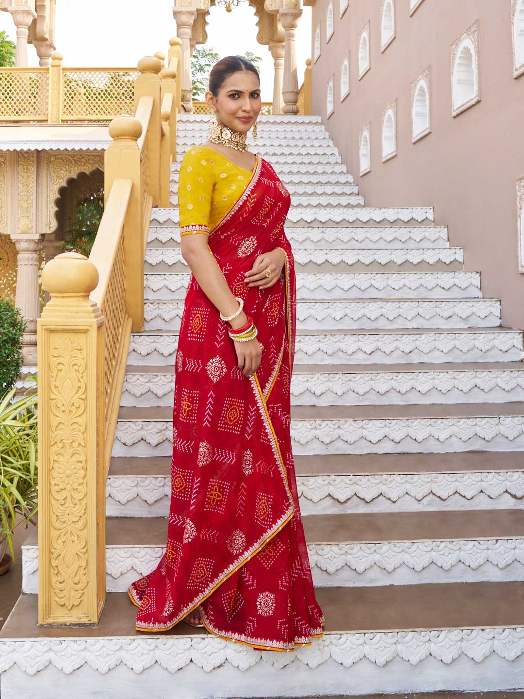 Red festive bandhani saree