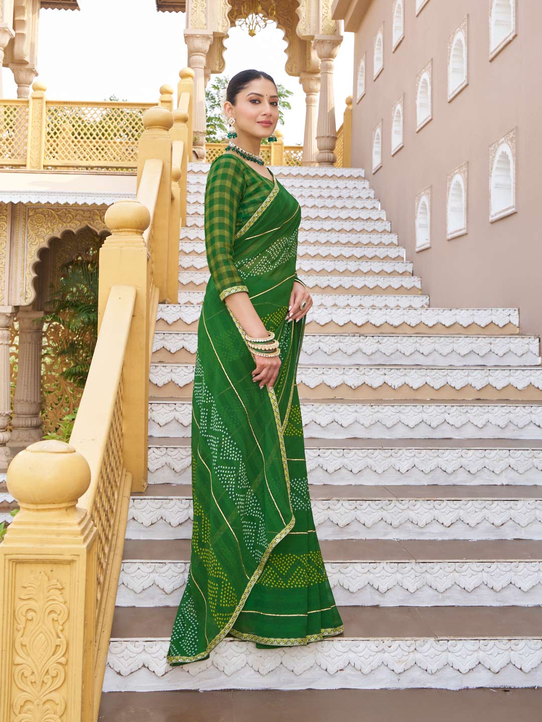 Laxmipati Chanderi Green Georgette Bandhani Printed Saree