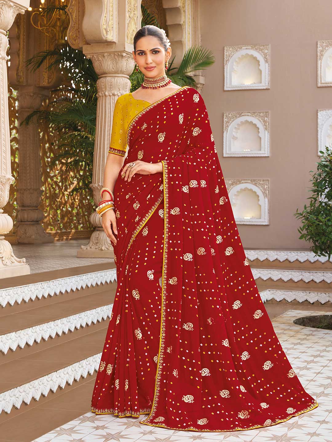 Red bandhani saree