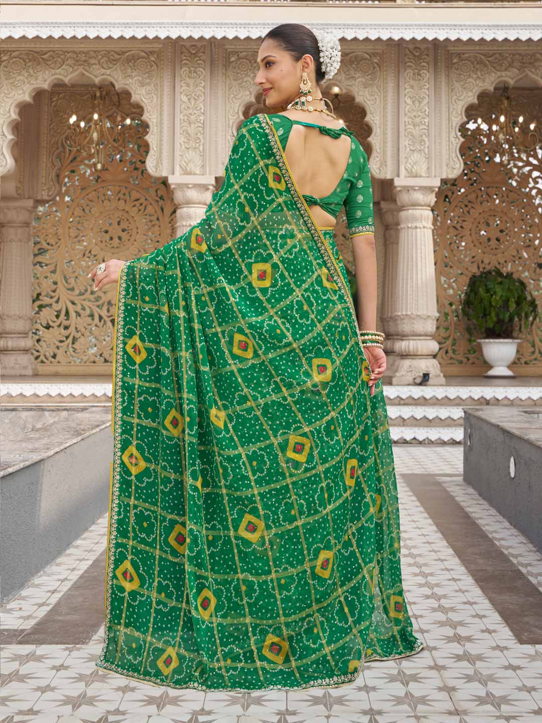 Laxmipati Chanderi Green Georgette Bandhani Printed Saree