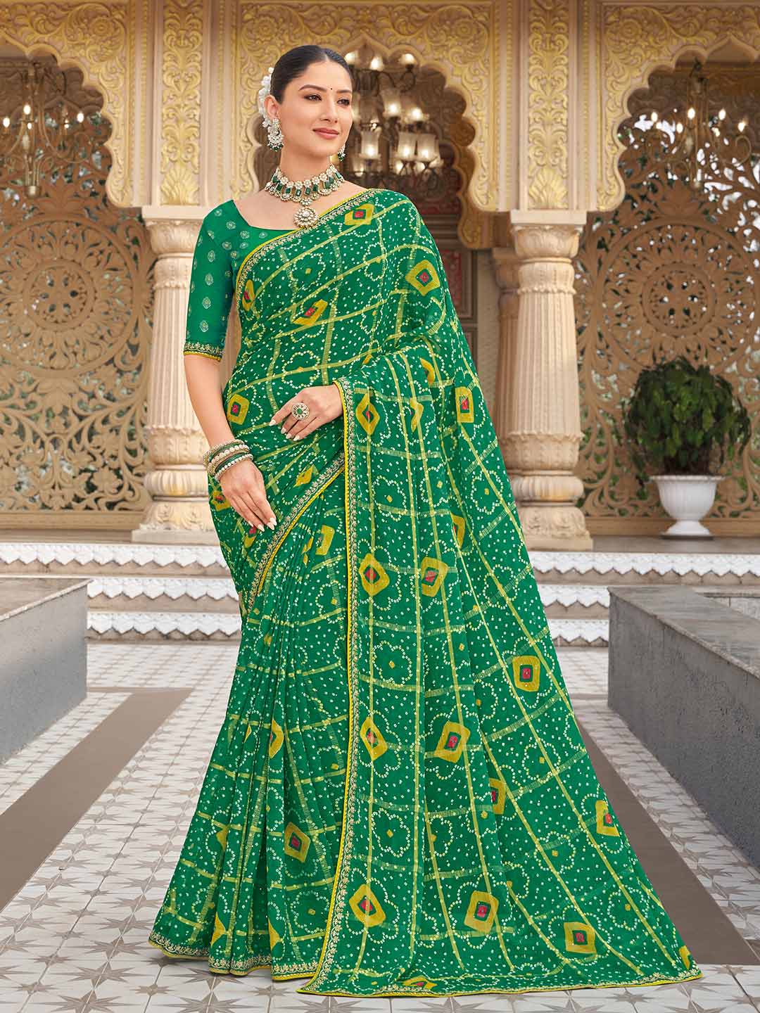 Green bandhani georgette saree