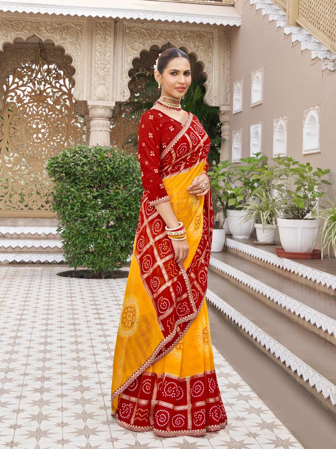 Mustard festive georgette saree