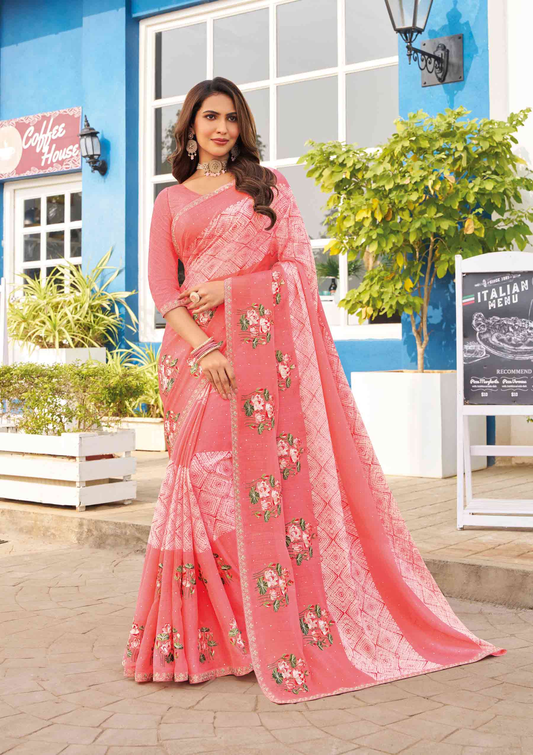 Pink embroidered chiffon saree
