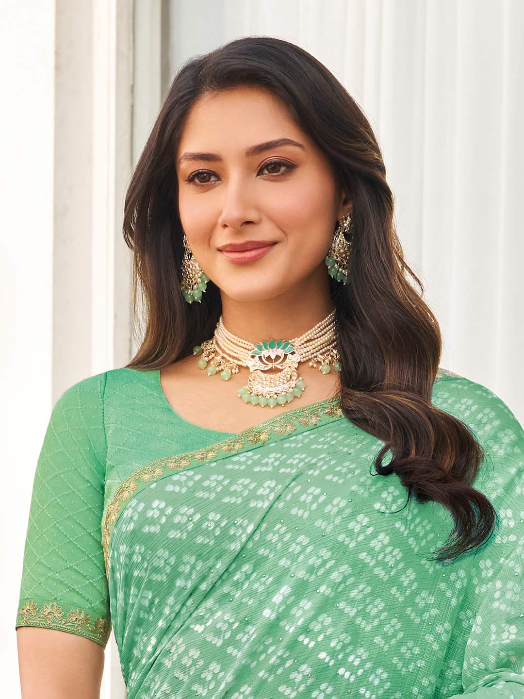 Green floral embroidered saree