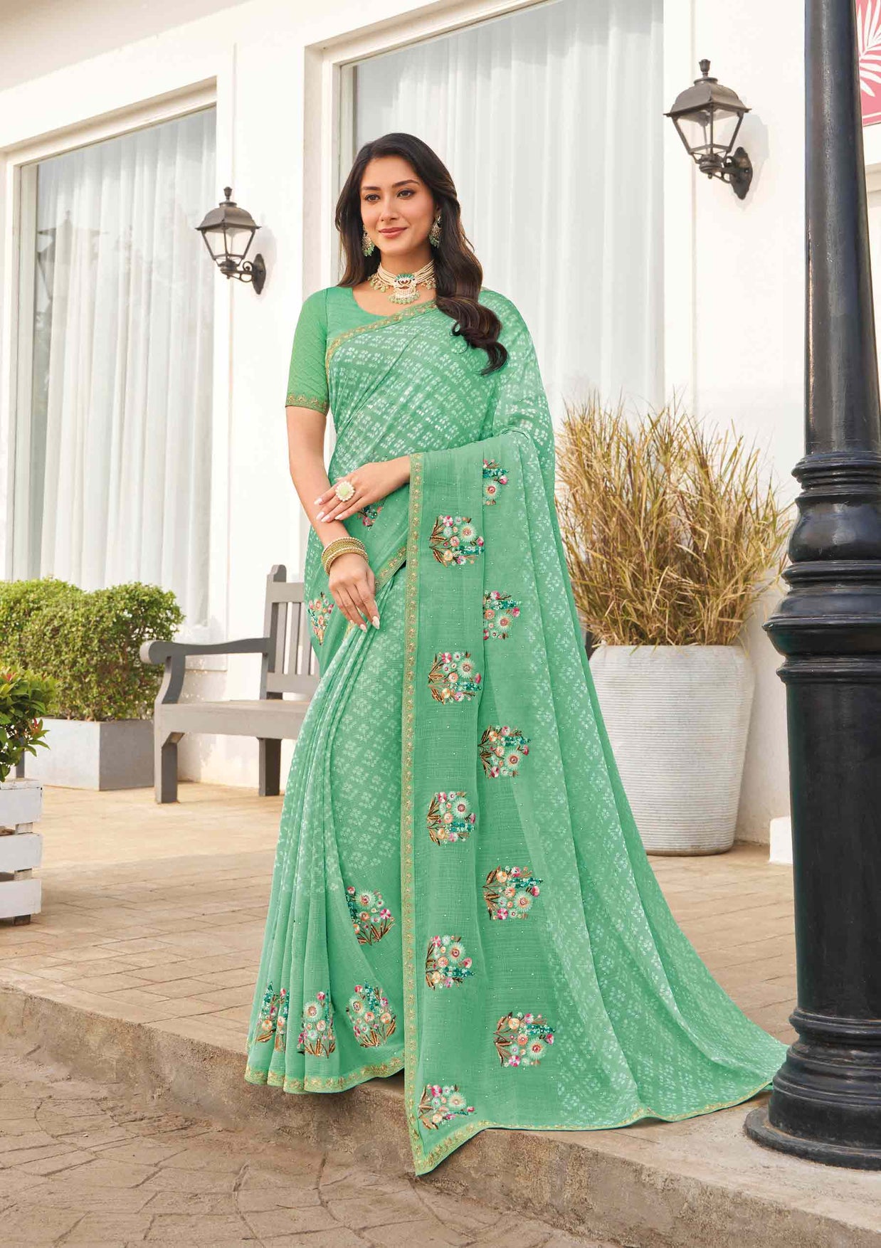 Green floral embroidered saree 