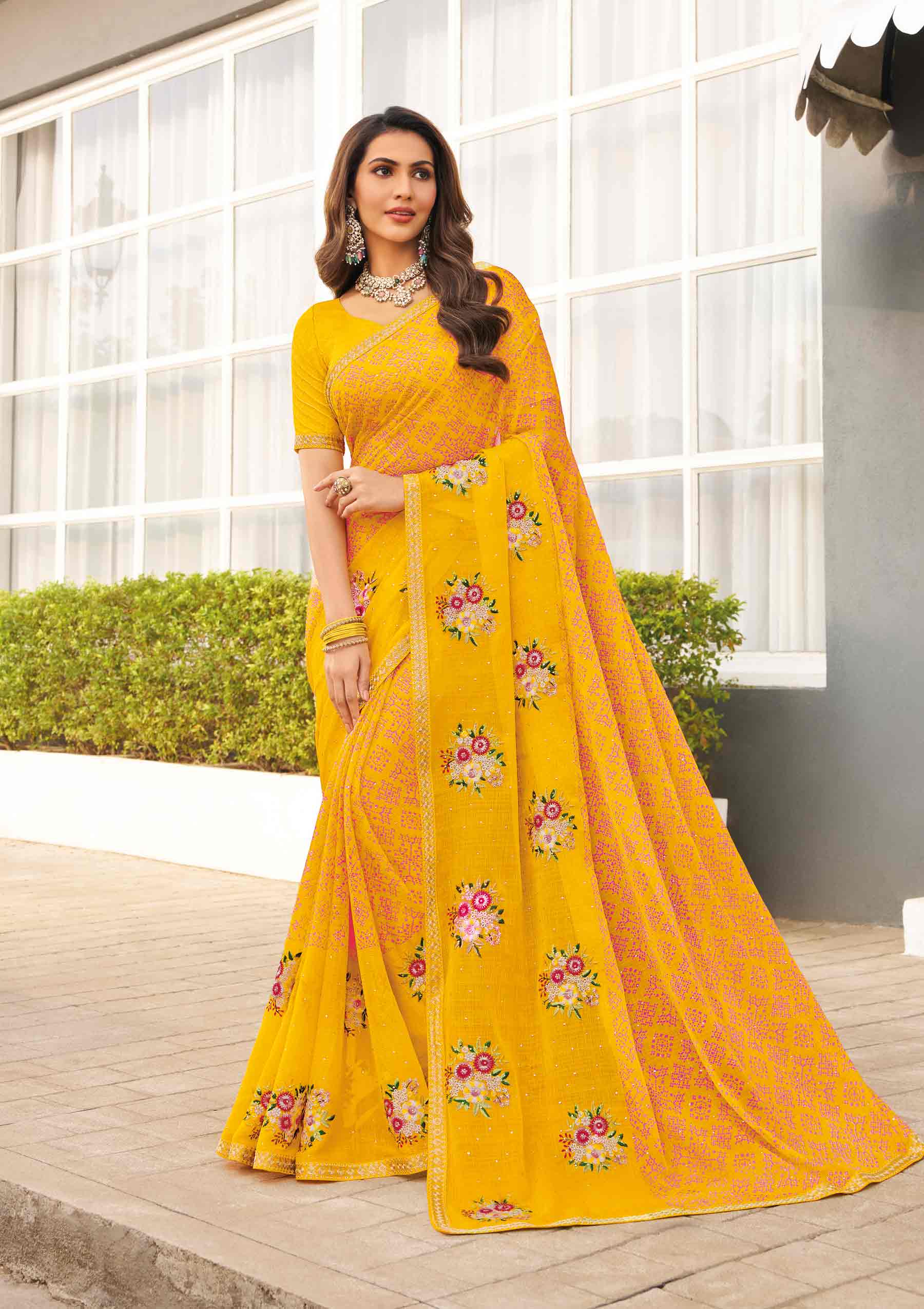 Laxmipati Mirinda Yellow Chiffon Floral Embroidered Saree