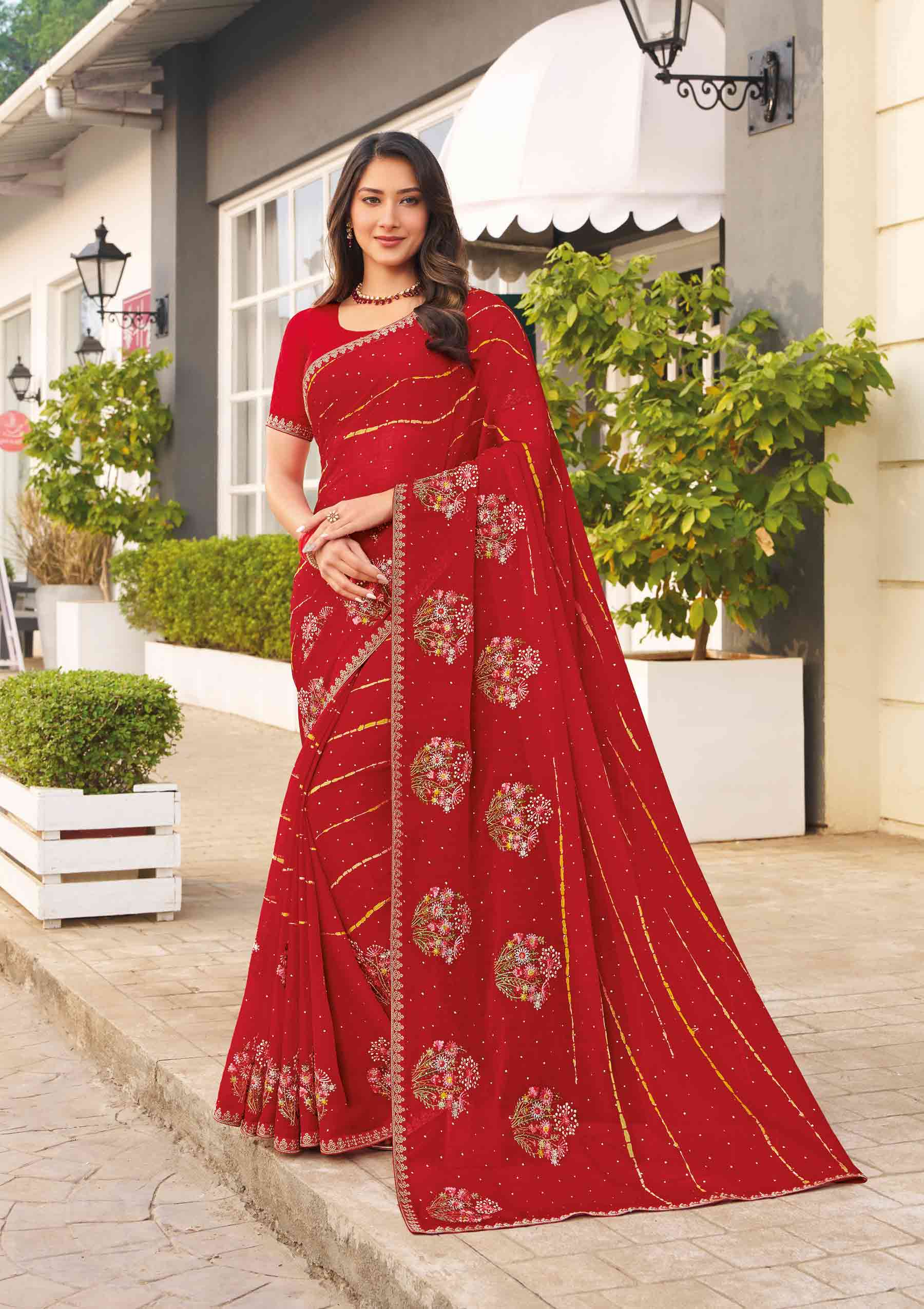 Red leheriya embroidered saree