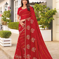 Red leheriya embroidered saree
