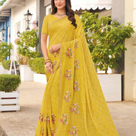 Yellow geometric embroidered saree