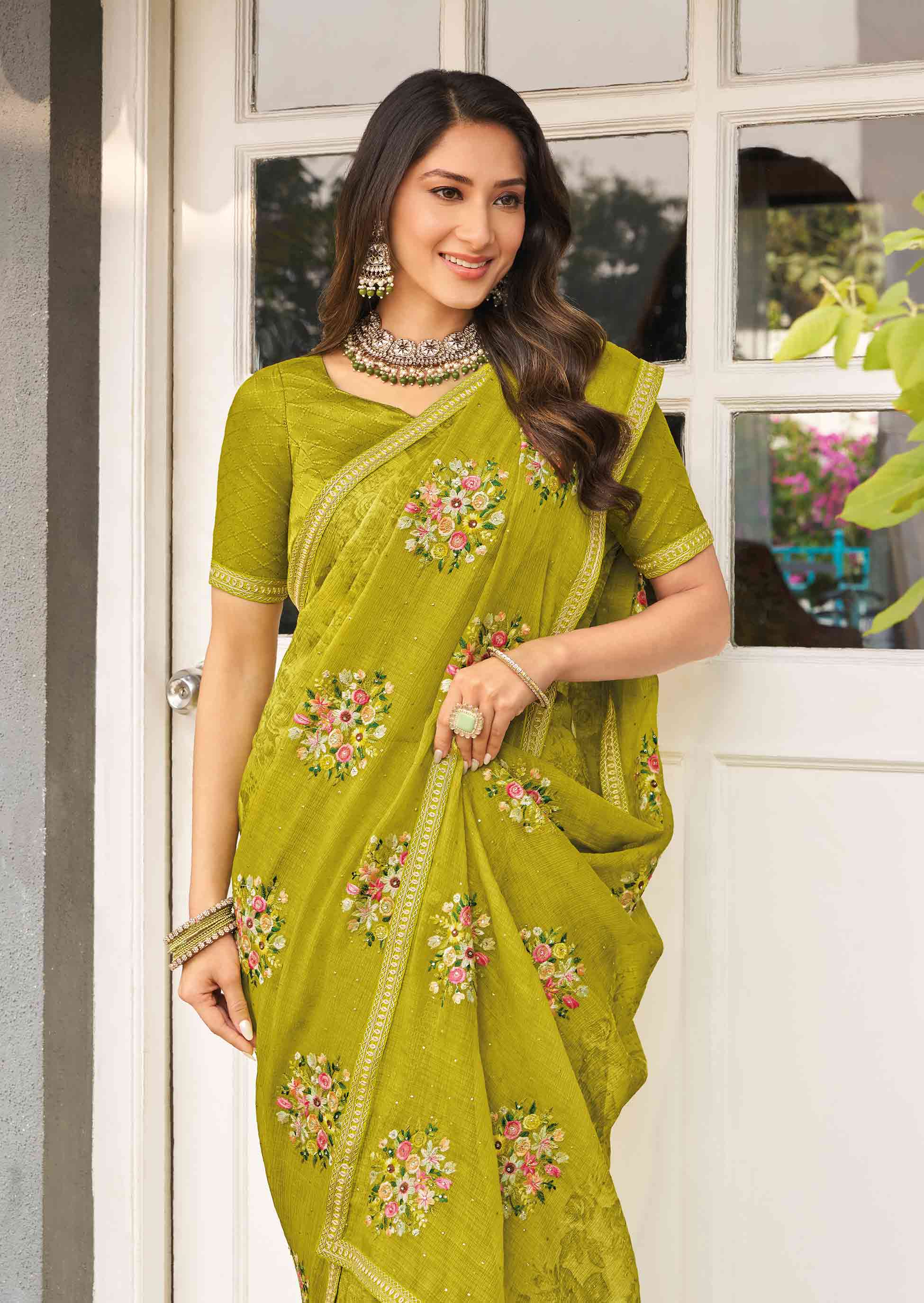 Laxmipati Mirinda Green Chiffon Floral Embroidered Saree