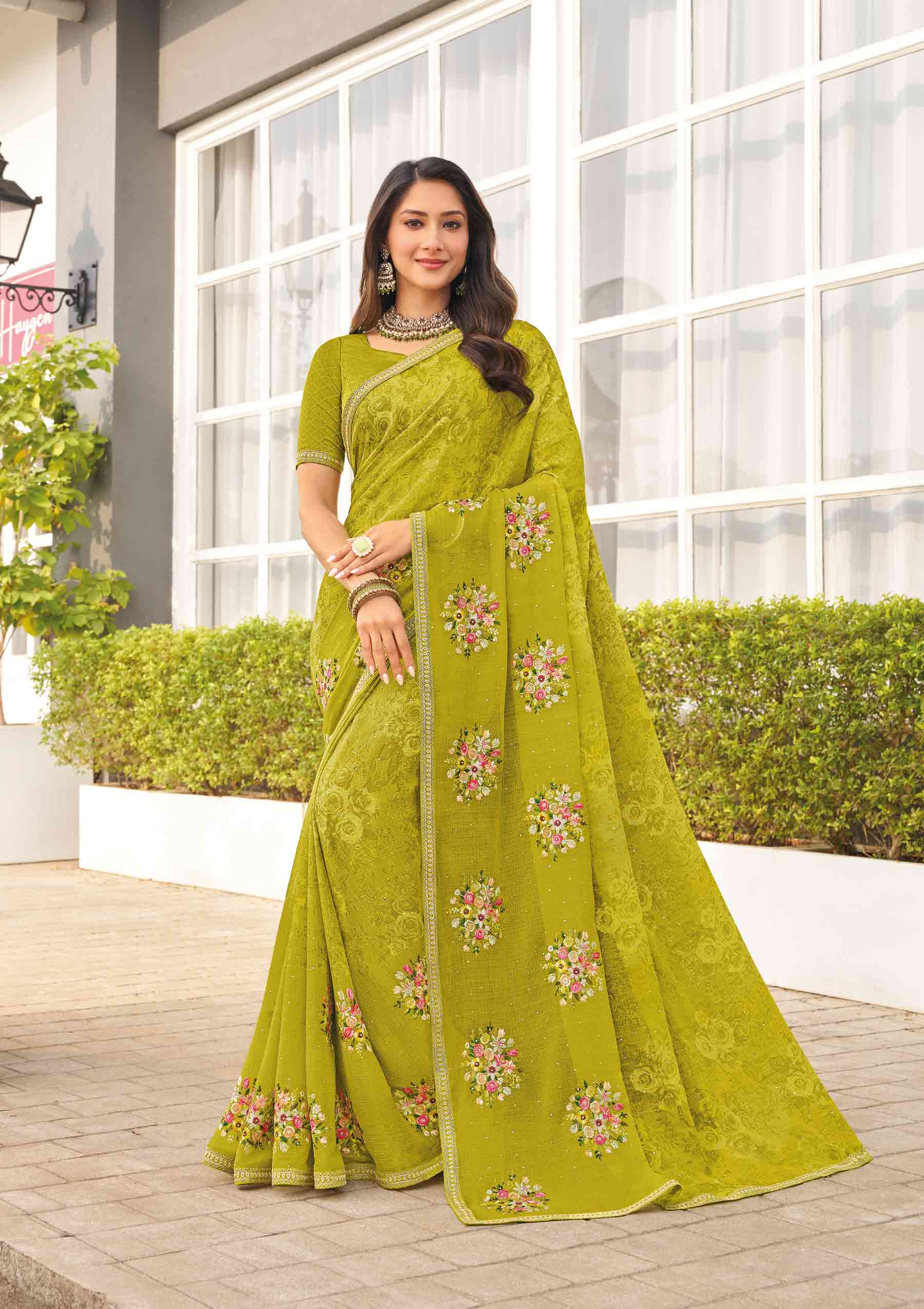 green floral chiffon saree