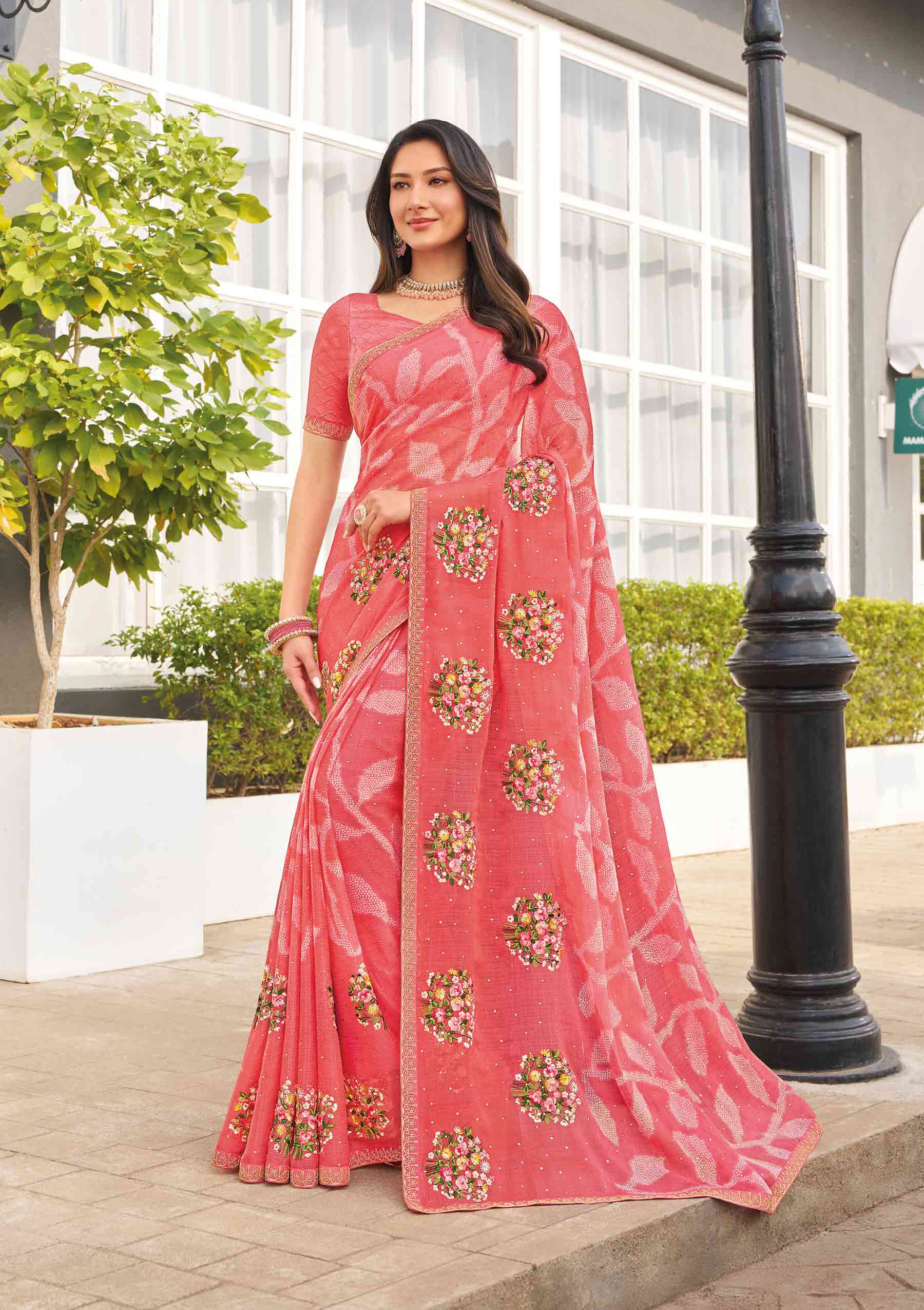 Pink floral embroidered saree