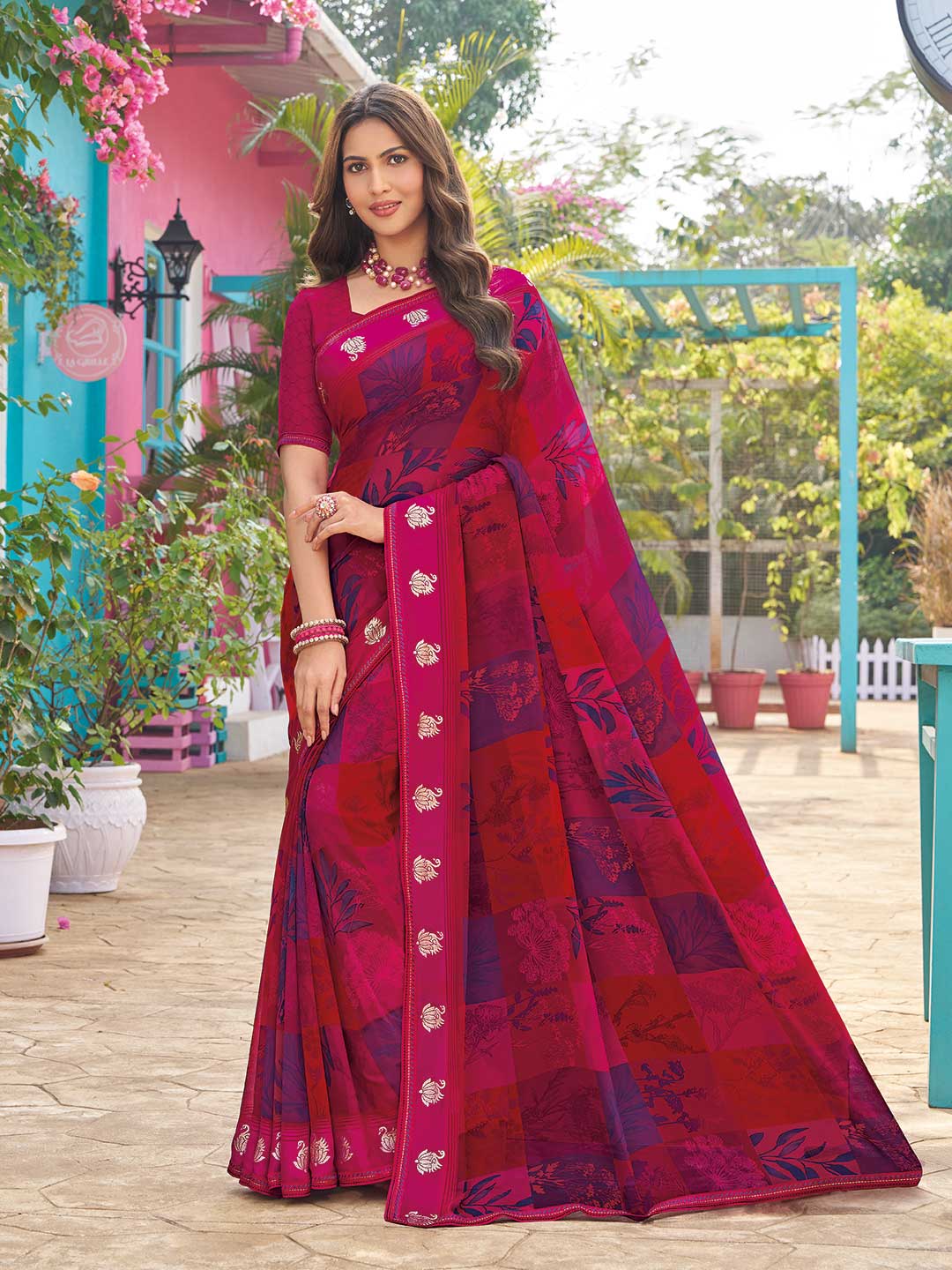 Dark pink floral foil saree 