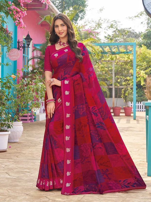 Dark pink floral foil saree 