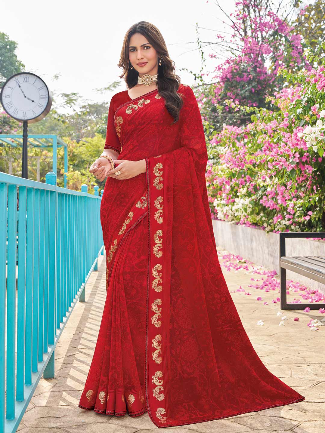 Laxmipati Kaju Anjeer Red Georgette Floral Printed Saree