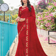 Red floral georgette saree