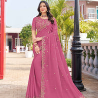 Pink chiffon floral embroidered saree