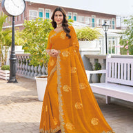 Orange chiffon floral embroidered saree