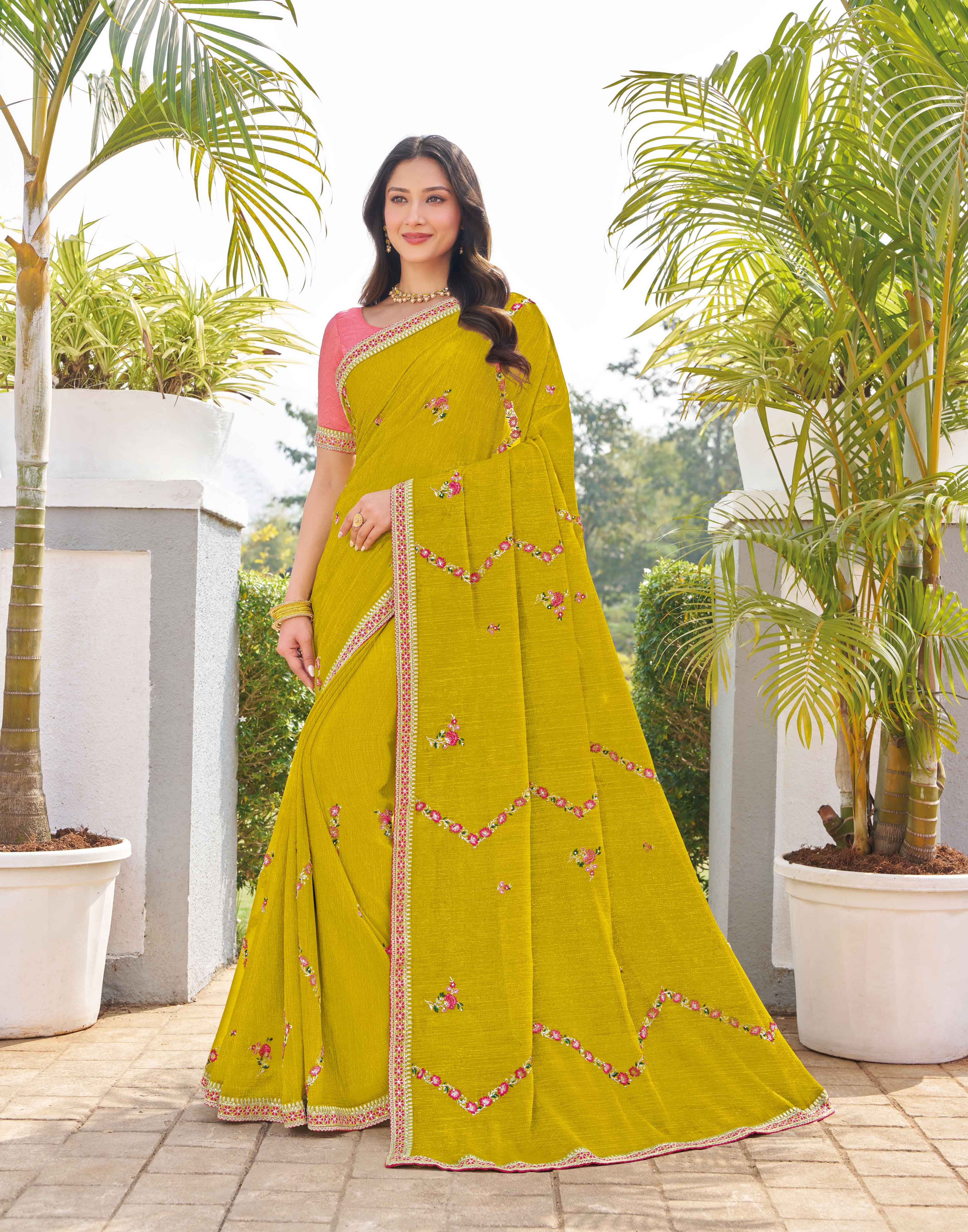 yellow chiffon floral embroidered saree