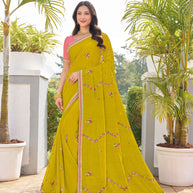 yellow chiffon floral embroidered saree