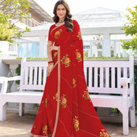 Red chiffon floral embroidered saree