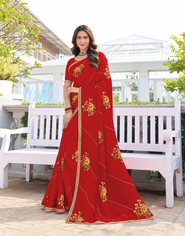 Red chiffon floral embroidered saree