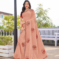 Peach chiffon peacock motif embroidered saree
