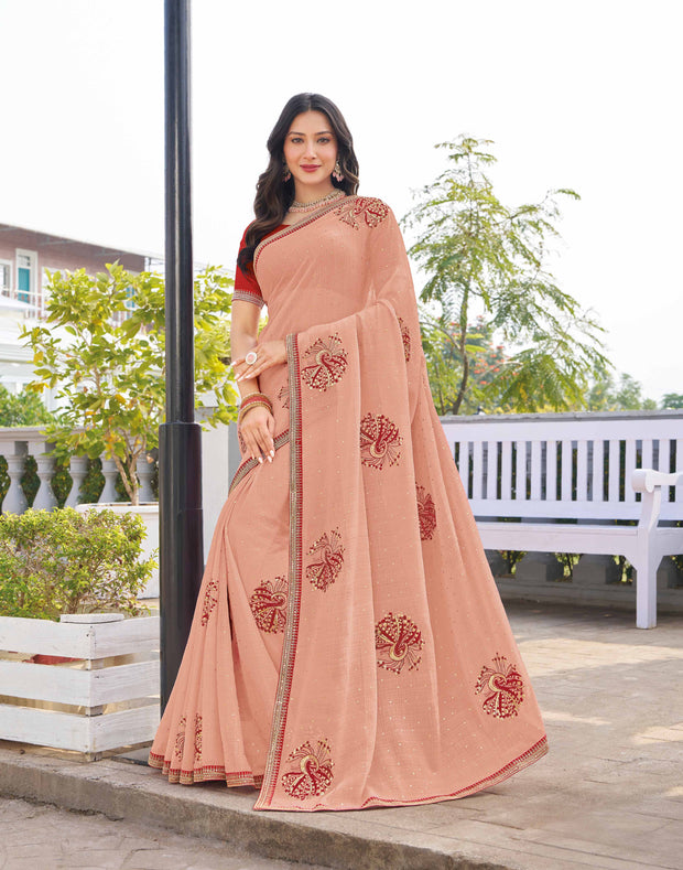Peach chiffon peacock motif embroidered saree