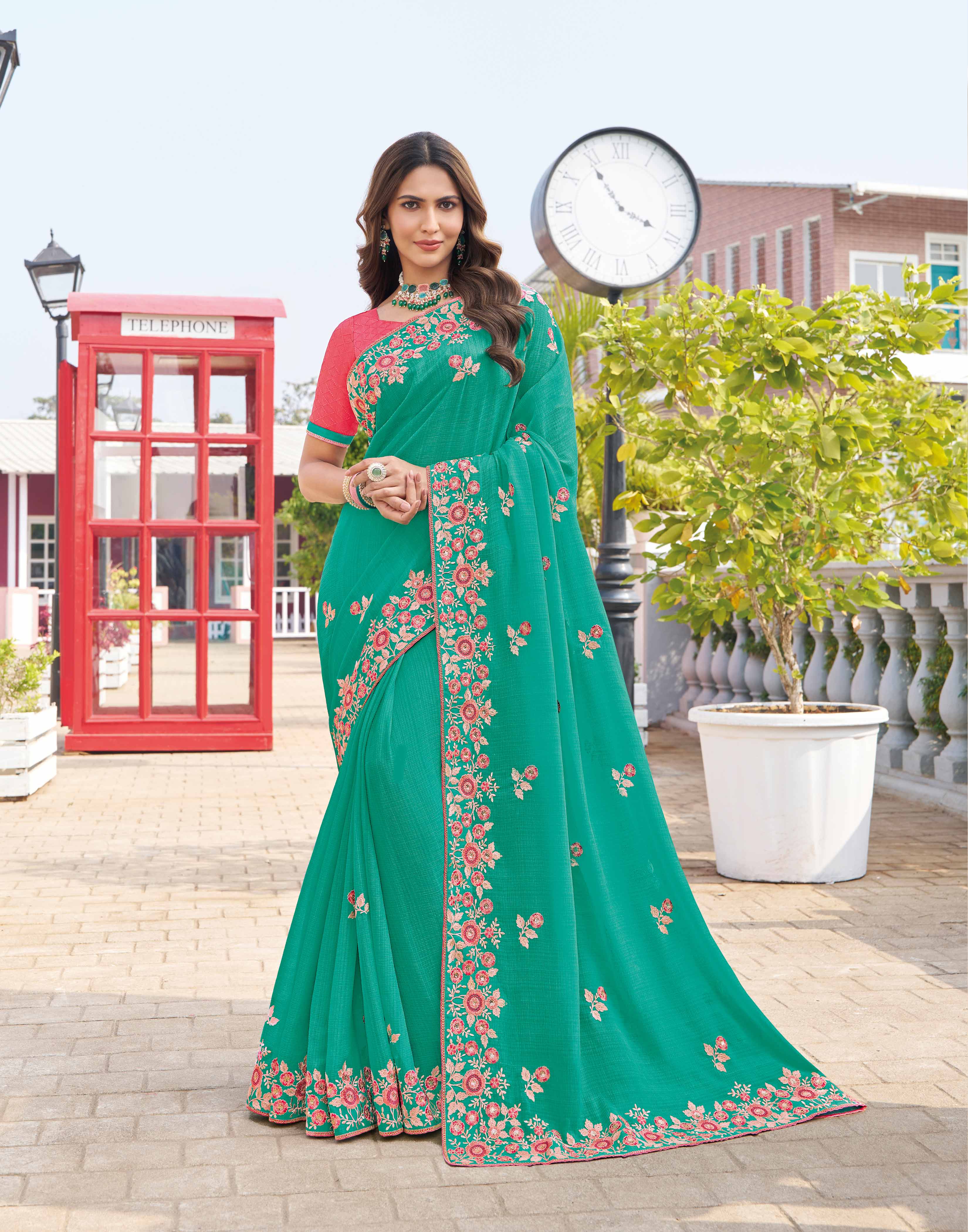 green chiffon floral embroidered saree 