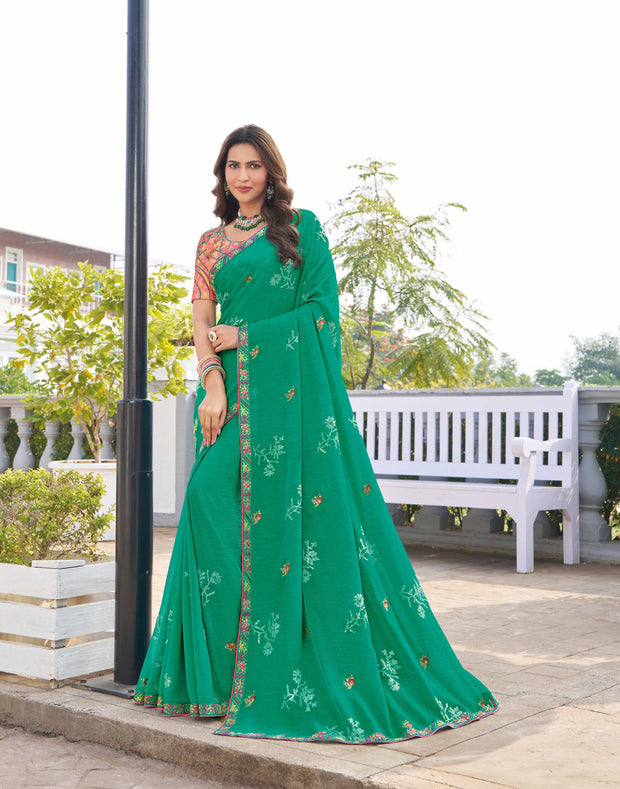 green chiffon floral embroidered saree 