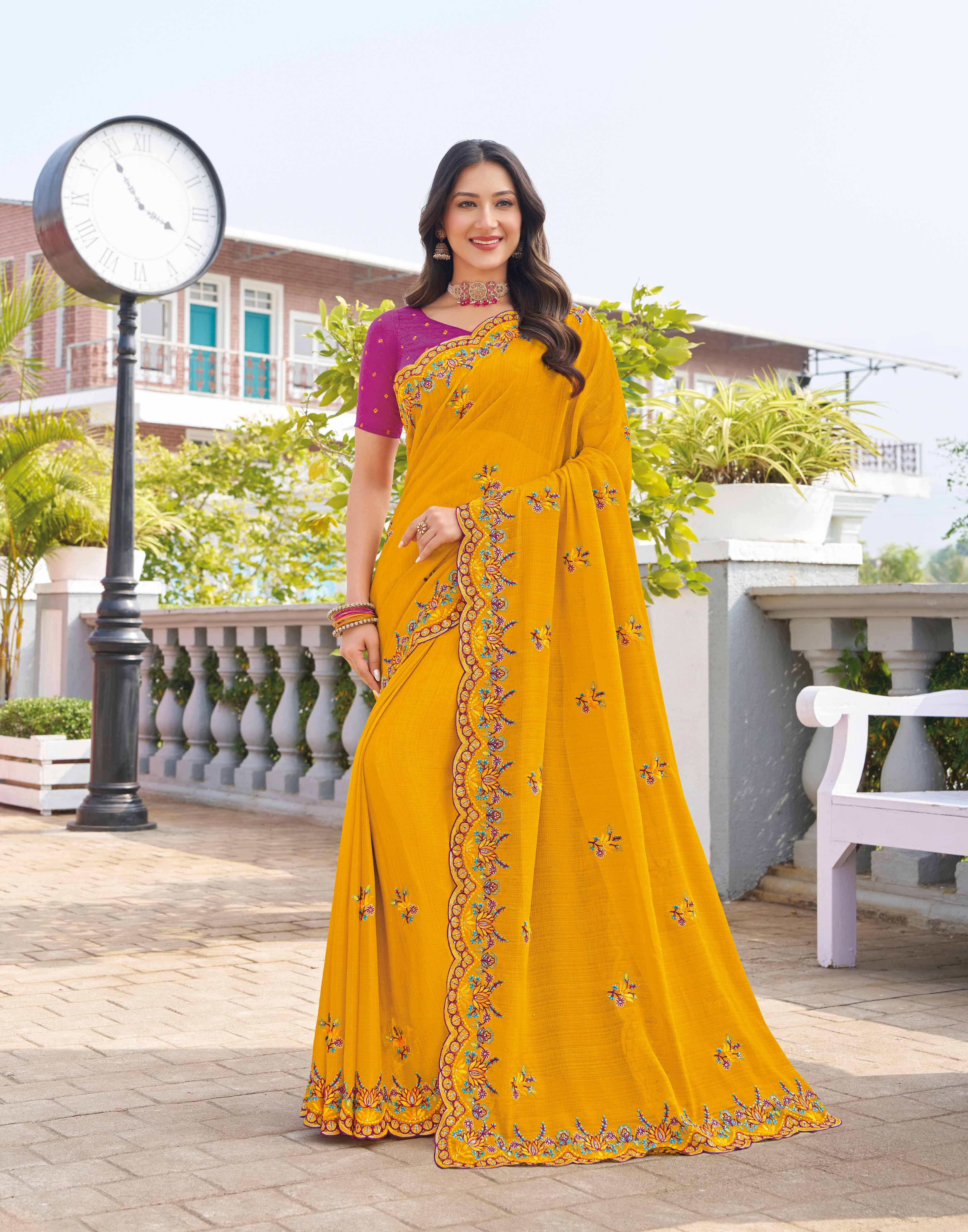 Orange chiffon floral embroidered saree 